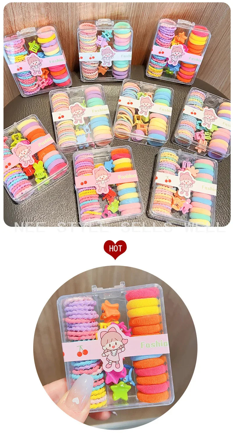 New Cute Box Set Children's New High Elasticity Elastic Band Candy Color Hair Tie Clip Hair Clip Rope Princess Accessories.