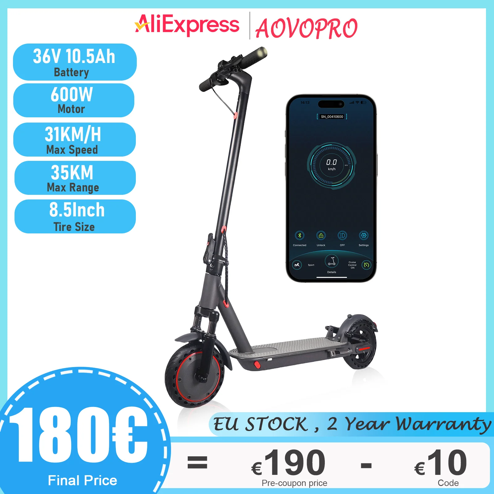 AOVOPRO HP07 Electric Scooter 600W Instantaneous Maximum Power 31KM/H 36V10.5Ah 35KM with Turn Signal Shock Absorption EScooter.