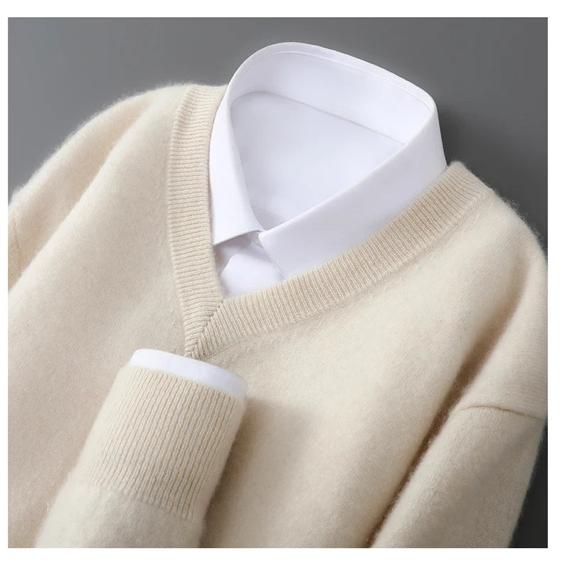 2025 Autumn Winter New Men's Wool Sweater Solid Color V-Neck Pullover Sweater Casual Loose Business Knit Plus Size Base Sweaters.