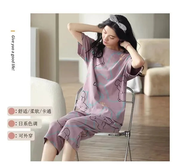 Sommer Neue Damen Pyjamas Homewear Set Kurzarm Pyjamas frauen Sommer Einfache Koreanische Cartoon Lose Große Größe Homewear.