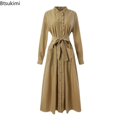 2025 Fashion Arab Style Lace-up Maxi Dress for Women Muslim Abaya Vintage Plain Long Dresses Hijab Islamic Robe Elegante Femme.