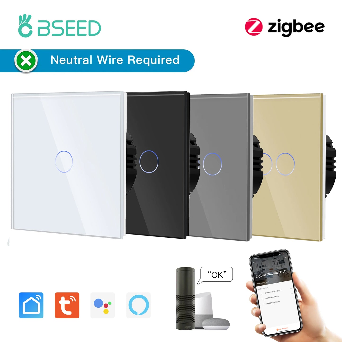 BSEED Zigbee 1/2/3Gang Touch Schalter Smart Wand Licht Schalter Tuya Google Smart Leben Alexa App Steuerung glas Panel Keine Neutral.