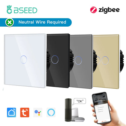 BSEED Zigbee 1/2/3Gang Touch Schalter Smart Wand Licht Schalter Tuya Google Smart Leben Alexa App Steuerung glas Panel Keine Neutral.