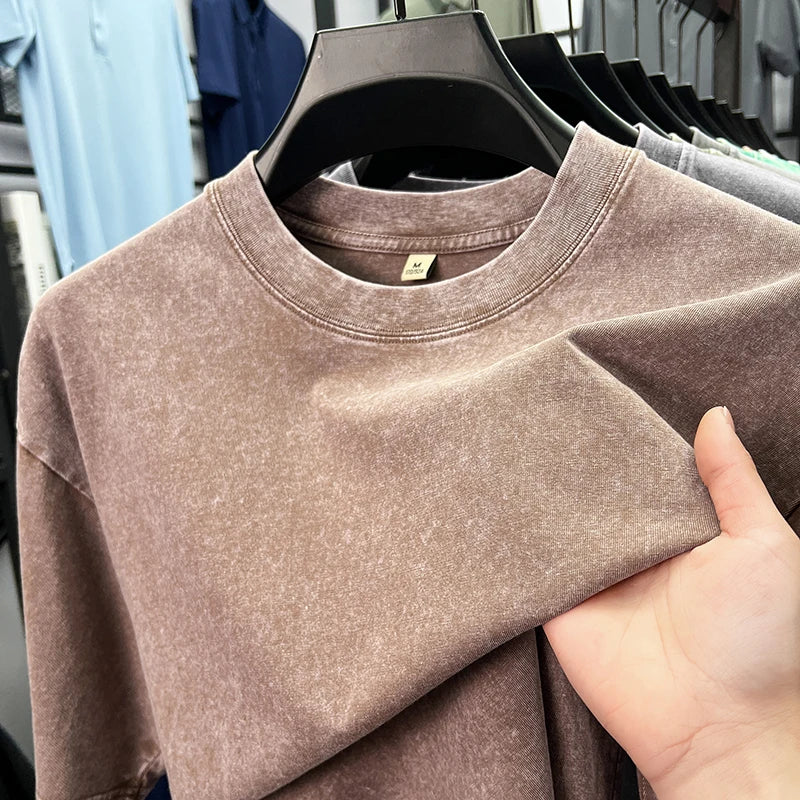Personality washed vintage short sleeve T-shirt high-end 100% pure cotton men fashion round neck comfort lightweight casual top
