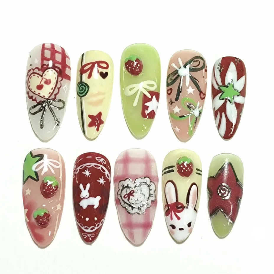 24pcs Flower Print Press on Nails Wine Red Blush Almond False Nail Tips Wearable Reusable Summer Spicy Girl Fake Nails