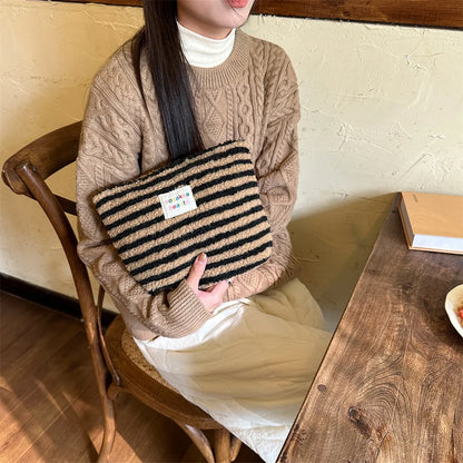 New Colorful Striped Dot Plush Clutch Cosmetic Bag Large Capacity Makeup Pouch Toiletries Bag Travel Outdoor Makeup Storage.