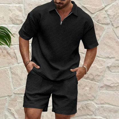 2024European and American Men's Spring and Summer Trends Youth Outdoor Lapel Small Plaid Short Sleeve Shorts Sports Suit