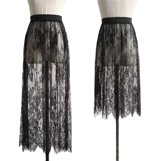 2 Length Elegant Black Skirt White Lace Transparent Long Tulle Skirt Ladies Elastic High Waist Beach Midi Skirt Drop shipping.