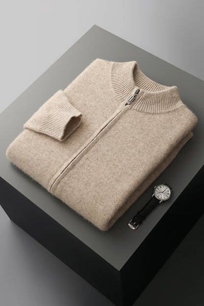 100% Merino Wool Men's Warm Sweater Mock Collar Thickened Zippered Cardigan Autumn Winter New Cashmere Knitted Long Sleeve Tops