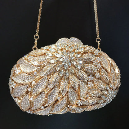 Gold Metal Leaves White Crystals Evening Clutch Bags Luxury Women Wedding Party Purse Ball Handbags Rhinestone Mini heart bag.