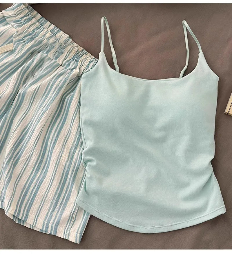 Einfarbiger Pyjama mit Brustpolstern, gestreifte Shorts für Damen, Sommer, dünne Leibchen-Shorts, Loungewear, großer Pyjama, zweiteiliges Set.