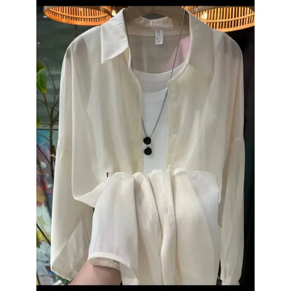 1pcs Woman Four Seasons Shirt Lady Thin Sunscreen Shirts Female Casual Long Sleeve Turn-down Collar Loose Med-Length Style Tops