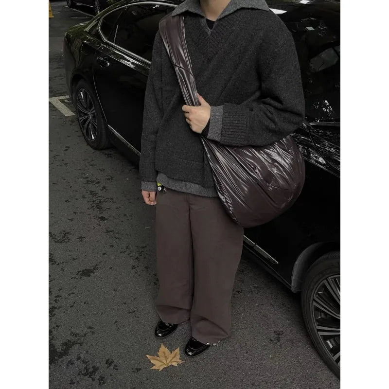 Retro fake two piece V-neck sweater men's winter lapel old money style knitted sweater top lazy style jacket.