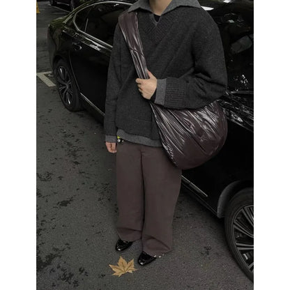 Retro fake two piece V-neck sweater men's winter lapel old money style knitted sweater top lazy style jacket.