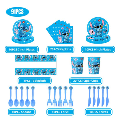 Stitch Party Supplies für Kinder Lilo und Stitch Geburtstag Party Dekorationen Luftballons Banner Tischdecke Hintergrund Geschirr