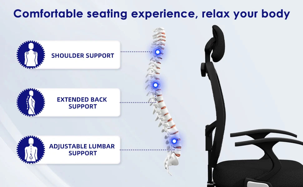 Daccormax Ergonomischer Bürostuhl, Mehrpunktstütze, verstellbare, atmungsaktive Netzrückenlehne, drehbarer Computer-Schreibtischstuhl mit Kopfstütze