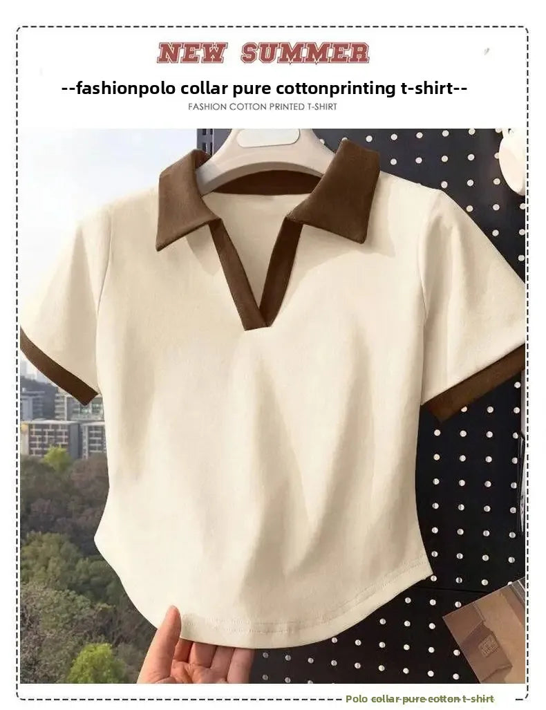 Color Block Polo Neck Short Sleeve T-Shirt Women's Fashion Summer Top plus Size Small Figure Friendly Cotton Blend T-Shirt.
