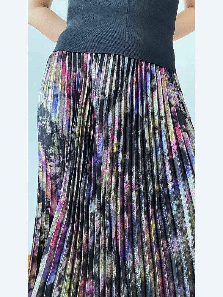 Shiny Colorful Luxury High Waist Metallic Pleated Midi Skirt 2025 Fashion Trends Elastic Waistband Pleated Skirt Old Money Style.