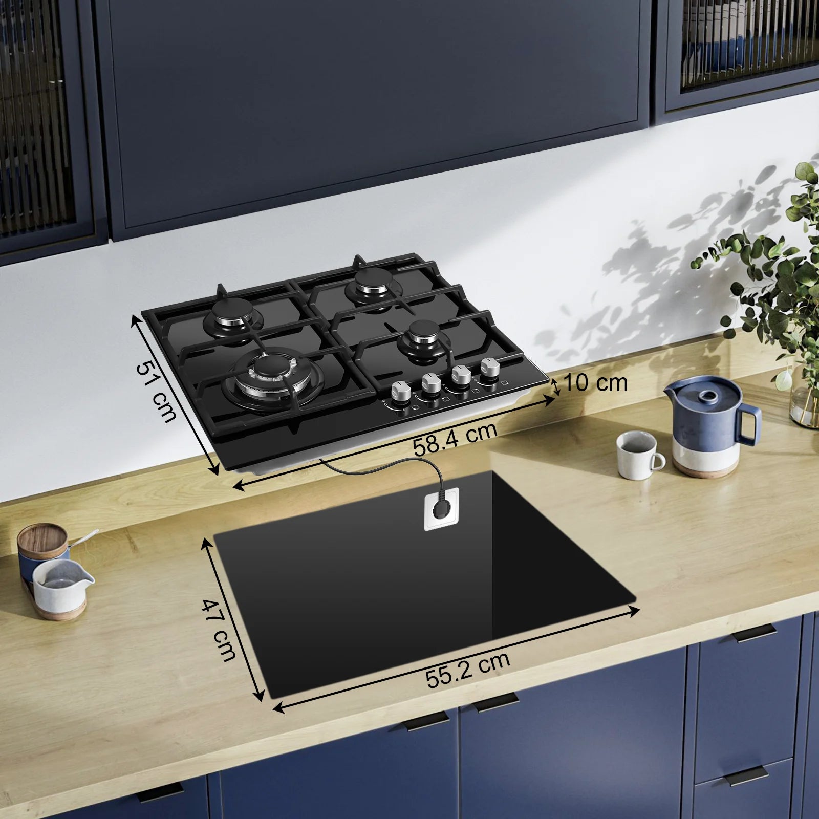 ‌58cm Gas Hob | 4 Burner Dual Fuel (NG/LPG) 8060W Auto Flame Shut-off & Tempered Glass Surface | Built-in/Freestanding 220-240V.