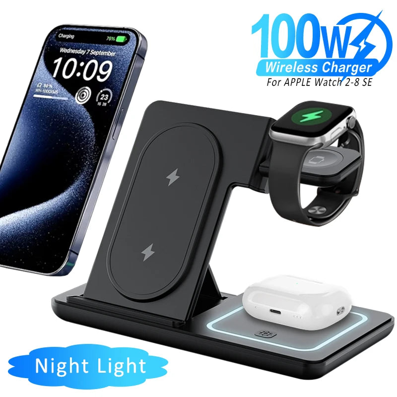100W Foldable 3 in 1 Night Light Wireless Charger Stand For iPhone Apple Watch 2-8 SE Airpods Pro Fast Charging Station.