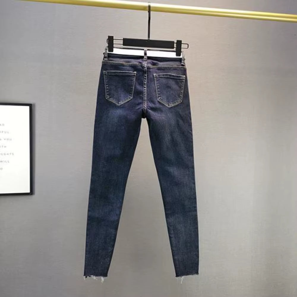 High Waist Jeans Women Beading Butterfly Fashion Ripped Jeans Casual Stretch Jeans Female Washed Denim Pencil Pants.