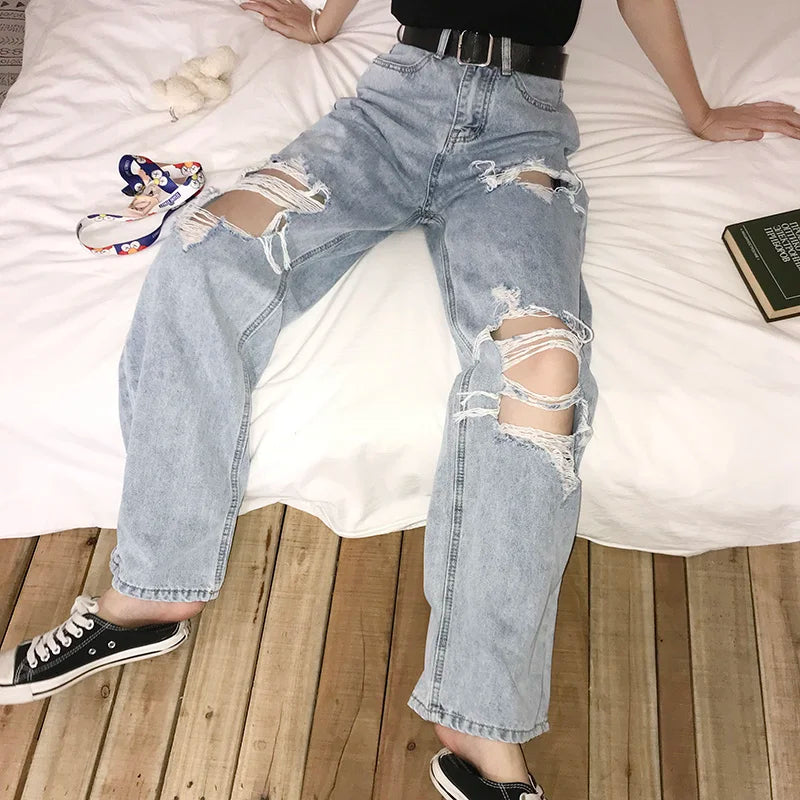 2020 New High Waist Ripped Jeans Women'S Hip Hop Loose Jeans 5XL Women Pants Vintage Female Torn Trousers Streetwear KZ69.