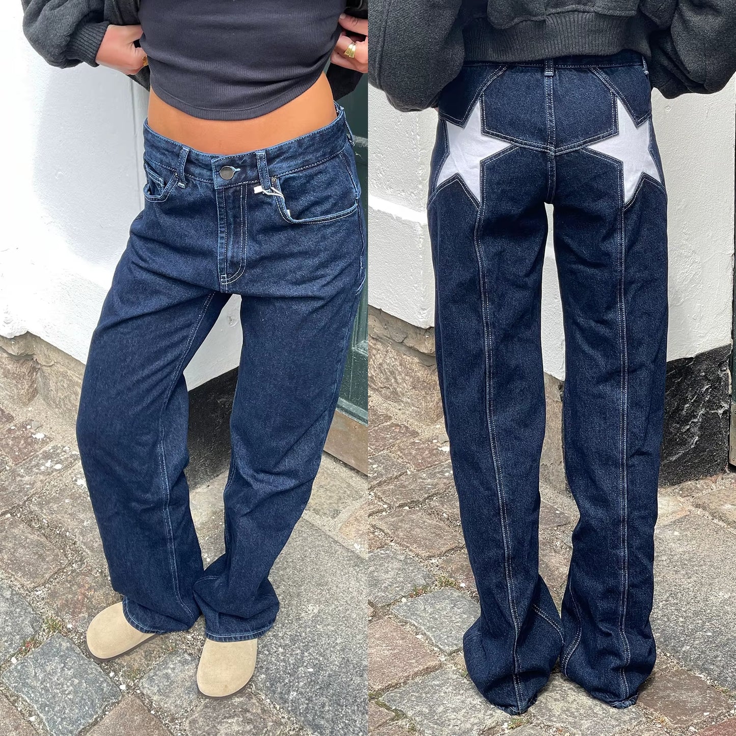 Women'S Y2K Vintage Jeans Aesthetic Star Pattern Print Loose Straight Leg Denim Long Pants Casual Low Waist Trousers.