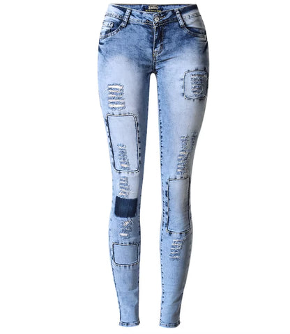 Summer Style Low Waist Sky Blue Patchwork Skinny Tights Women Pencil Jeans High Stretch Sexy Push up Denim Women Fashion Jeans.