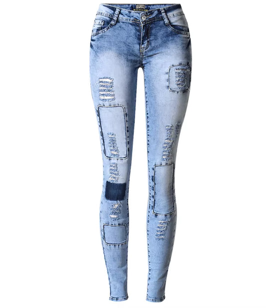 Summer Style Low Waist Sky Blue Patchwork Skinny Tights Women Pencil Jeans High Stretch Sexy Push up Denim Women Fashion Jeans.
