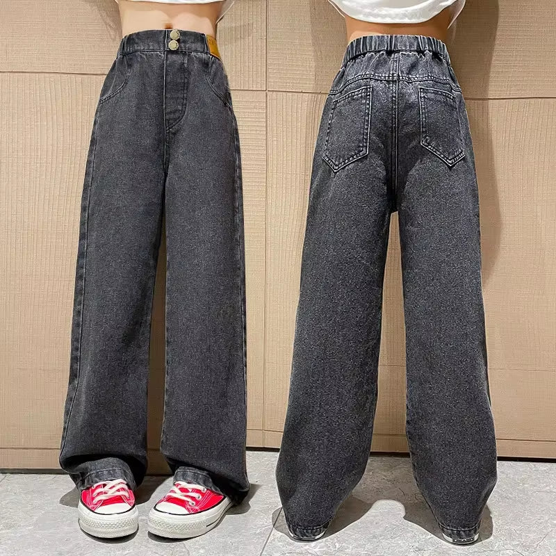 Girls Jeans 2024 Autumn Loose Straight Wide-Leg Pants Kids Trousers Jeans for Children 10 12 13 14 Years Blue High Waist Pants.