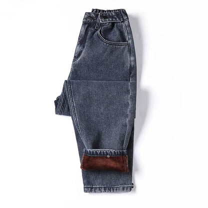 2022 Winter New Women'S Warm Thick Jeans Fashion Loose Vintage Blue High Waist Jeans Mom Denim Ankle-Length Pants 4XL 5XL.
