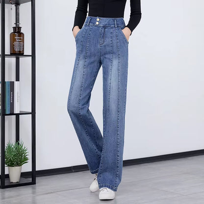 Women Straight Leg Striped Stretch 99.3% Cotton Denim Jeans for Autumn Winter Thicken Jeans 2025 New Fashion High Waist Oversize.