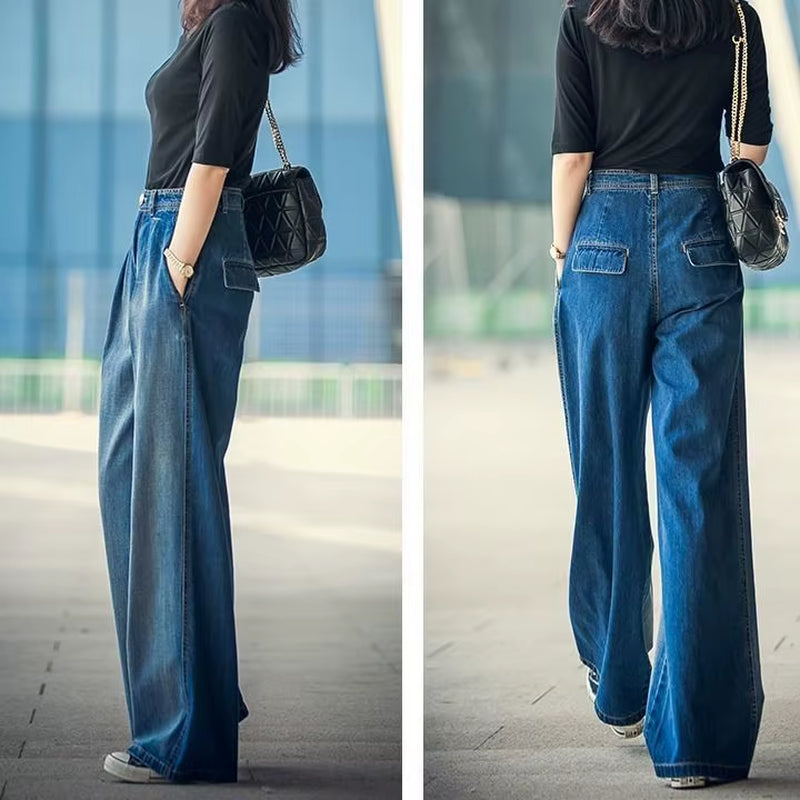 Jeans Women'S Wide-Leg Jeans 2022 Y2K Streetwear High Waist Vintage Trousers Casual Simple Blue Buttons Straight Denim Long Pant.