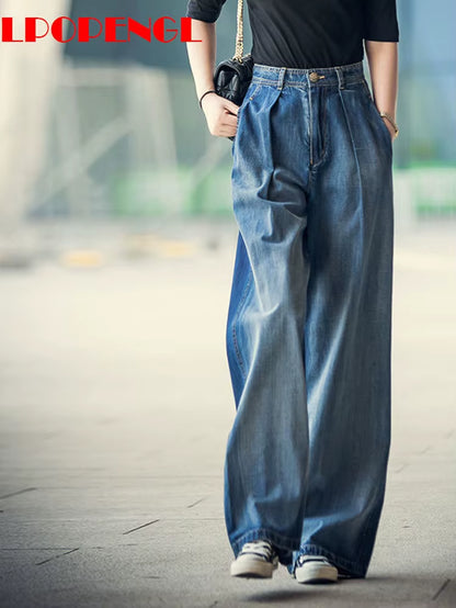 Jeans Women'S Wide-Leg Jeans 2022 Y2K Streetwear High Waist Vintage Trousers Casual Simple Blue Buttons Straight Denim Long Pant.