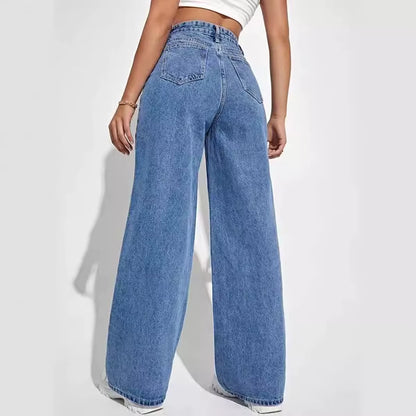 New Best Selling Mid-Waist Straight Jeans Women'S Solid Color Loose All-Match Denim Trousers.