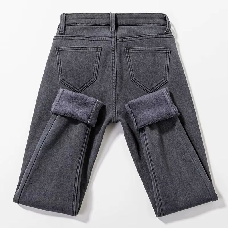 Streetwear Thicken plus Velvet Slim Pencil Jeans Women Winter Warm Oversized 34 Denim Pants High Waist Stretch Cowboy Trousers.