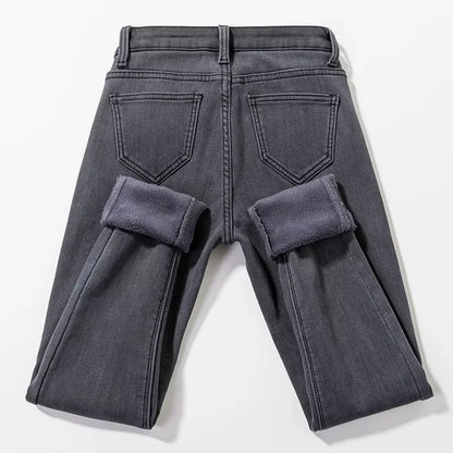 Streetwear Thicken plus Velvet Slim Pencil Jeans Women Winter Warm Oversized 34 Denim Pants High Waist Stretch Cowboy Trousers.