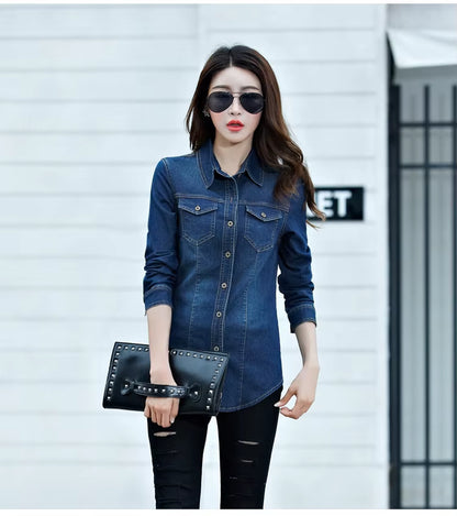 Jeans Shirt Women 2019 Long Sleeve Slim Casual Vintage Elastic Ladies Denim Shirts Tops Blusas Feminina Woman Blouses and Tops.