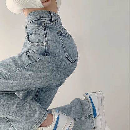 High Waist Blue Jeans Harajuku Korean Ulzzang Harajuku Denim Pants Wild Daily Casual Girl Loose Trouser Streetwear Jean Femme.