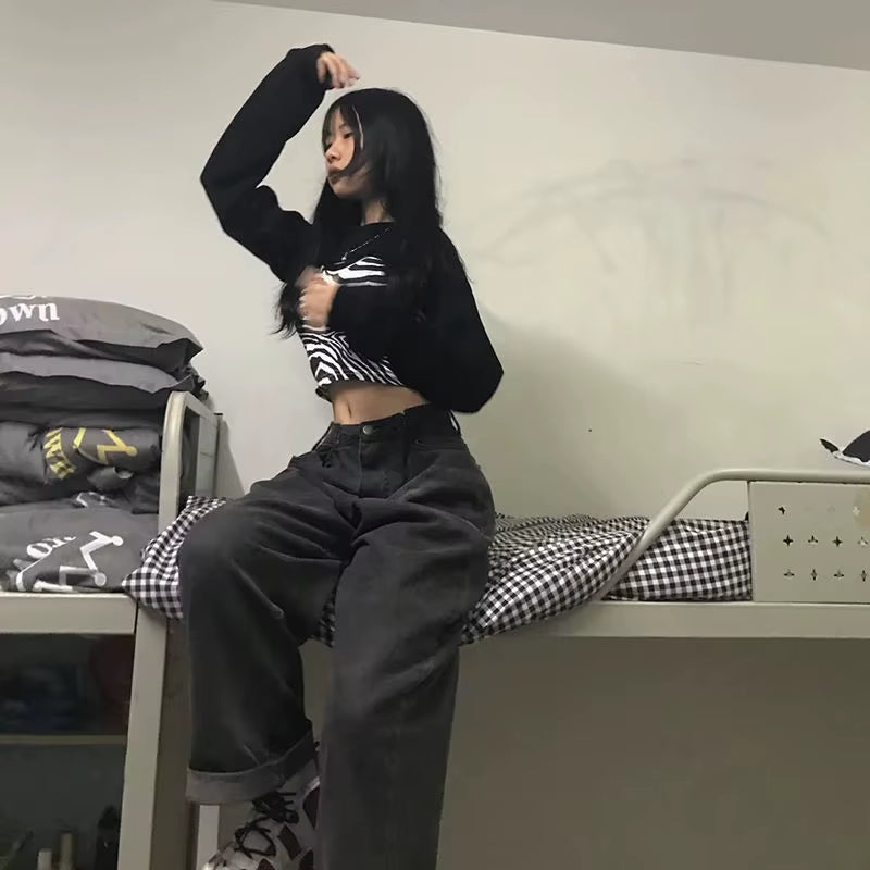 Women Jeans Vintage Adjustable High Waist BF Wide Leg Trousers Autumn New Ins All-Match Streetwear Retro Korean Chic Boyfriend.