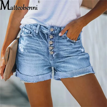 Summer Women Sexy High Waist Jeans Ripped Casual Slim Female Fashion Elastic Blue Buttons Washed Short Denim Shorts.