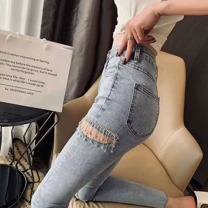 2022 New Fashion Spring Summer Fashion Streetwear Thigh Cut Diamonds Tassel Skinny Jeans Women Denim Pants KZ566.