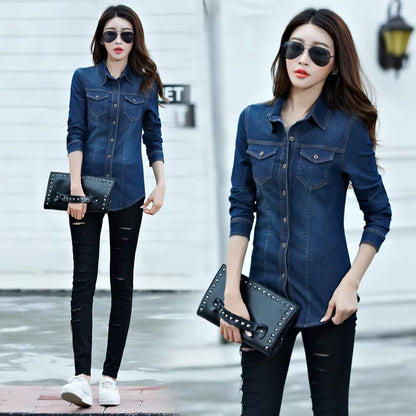 Jeans Shirt Women 2019 Long Sleeve Slim Casual Vintage Elastic Ladies Denim Shirts Tops Blusas Feminina Woman Blouses and Tops.