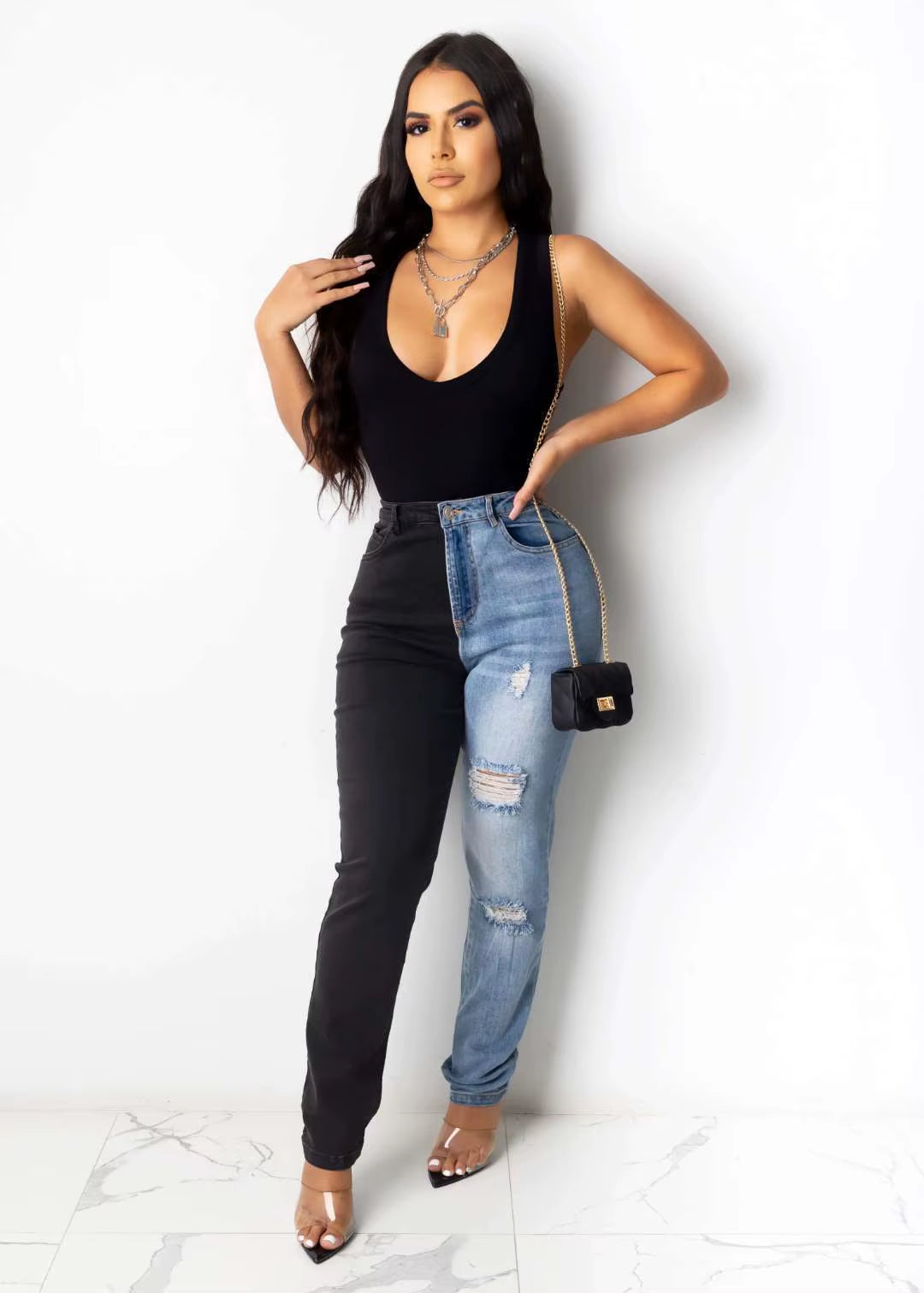 2021 Hot Sale Black Blue Contrast Color High Waist Jeans for Women Fashion Hole Stretch Denim Pencil Pants Hipster Trousers.