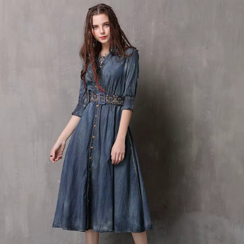 Spring'S New Adult Women'S Retro Dark Blue Jeanswear V-Neck Midsleeved Embroidery Belt Slimming Denim Dress.