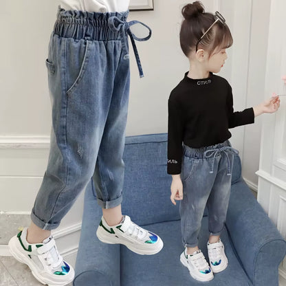 Cute Cartoon Pattern Kids Jeans Spring Autumn Winter Lovely Cat High Quality Children Pants Casual Trouses Baby Girls Jeans.