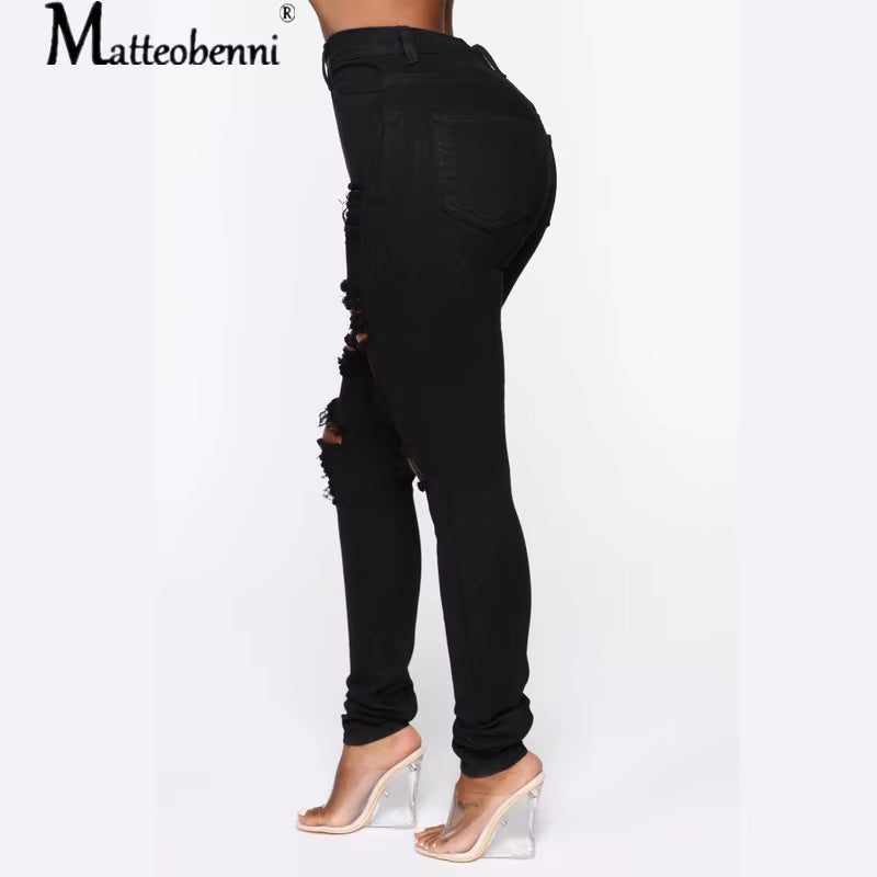 New Black Pencil Jeans High Waist Push up Skinny Ripped Jeans Denim Sexy Holes Destroyed Knee Pant Ladies Jeans Femme Trousers.