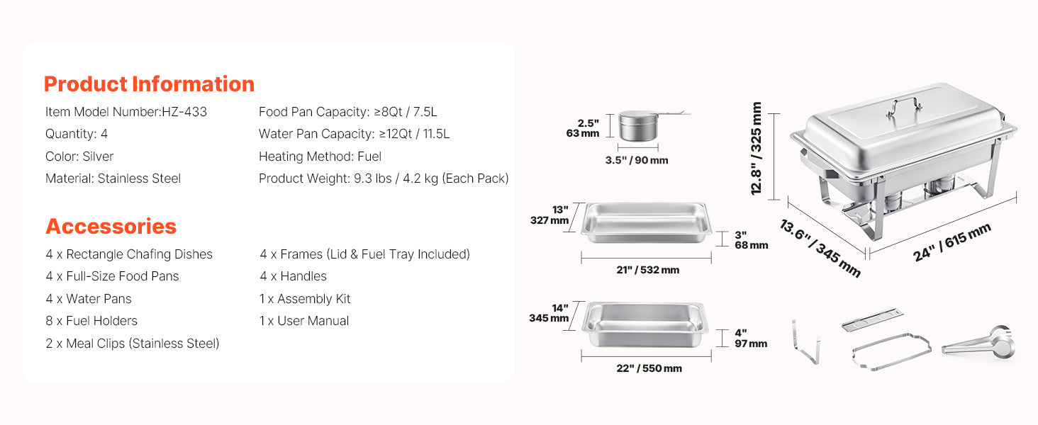 SucceBuy 8 Qt 4 Pack Chafing Dish Buffet Set Stainless Steel Chafer with 2 Full Size and 4 Half Size Pans Catering Warmer Server.