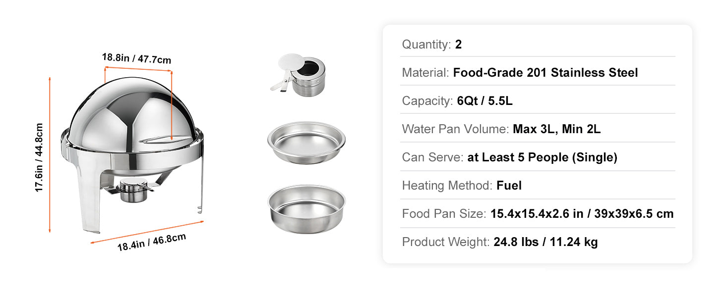 SucceBuy Roll Top Chafing Dish Buffet Set 6 Qt 2 Pack Stainless Steel Chafer with 2 Full Size Pans Round Catering Warmer Server.