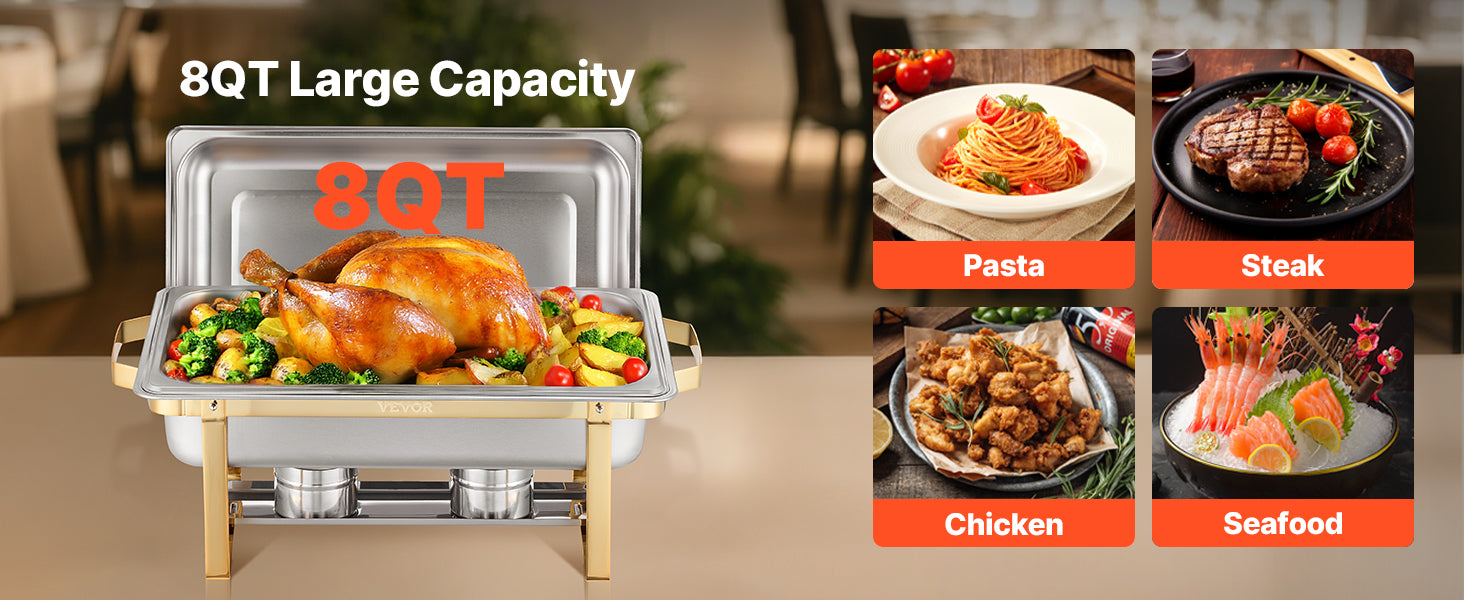 SucceBuy 8 Qt 4 Pack Chafing Dish Buffet Set Stainless Steel Chafer with 2 Full Size and 4 Half Size Pans Catering Warmer Server.